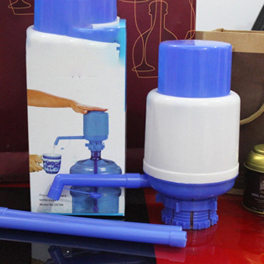 Water hand pump for bottled drinking water in blue and white packaging, compact design, easy squeeze operation.