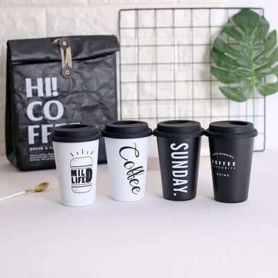 ROKEN stainless steel cups with lids and straws, creative designs in various colors for coffee and drinks.