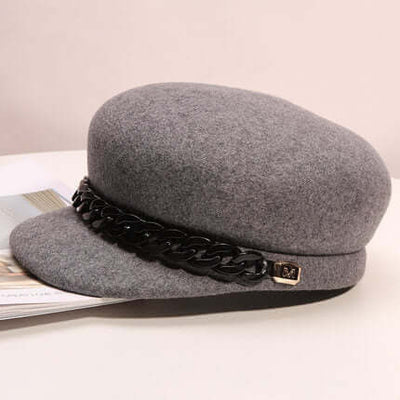 Women's high-end wool retro cap in grey with black chain detail by BONEHEAD PRO-CREATIONS.