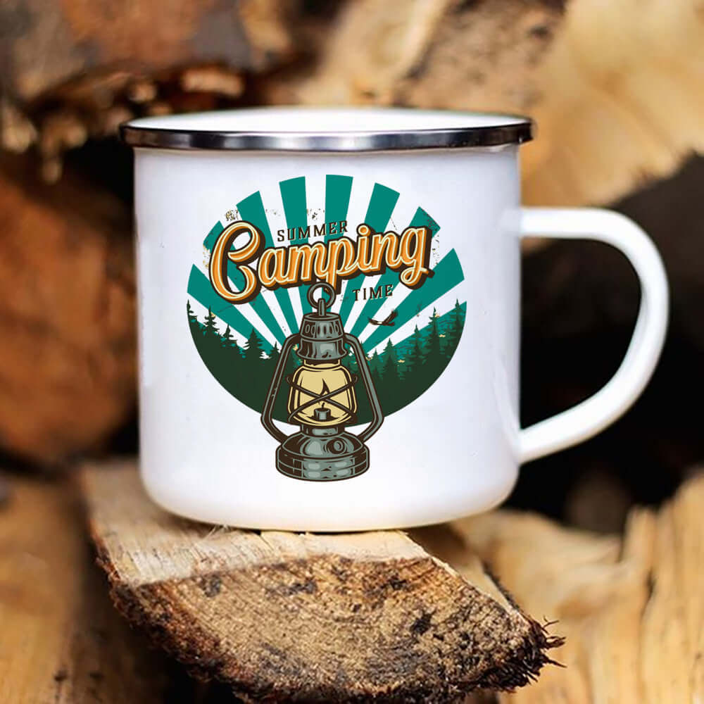 Caravan printed ceramic camping mug with lantern design, perfect for outdoor adventures and household use.