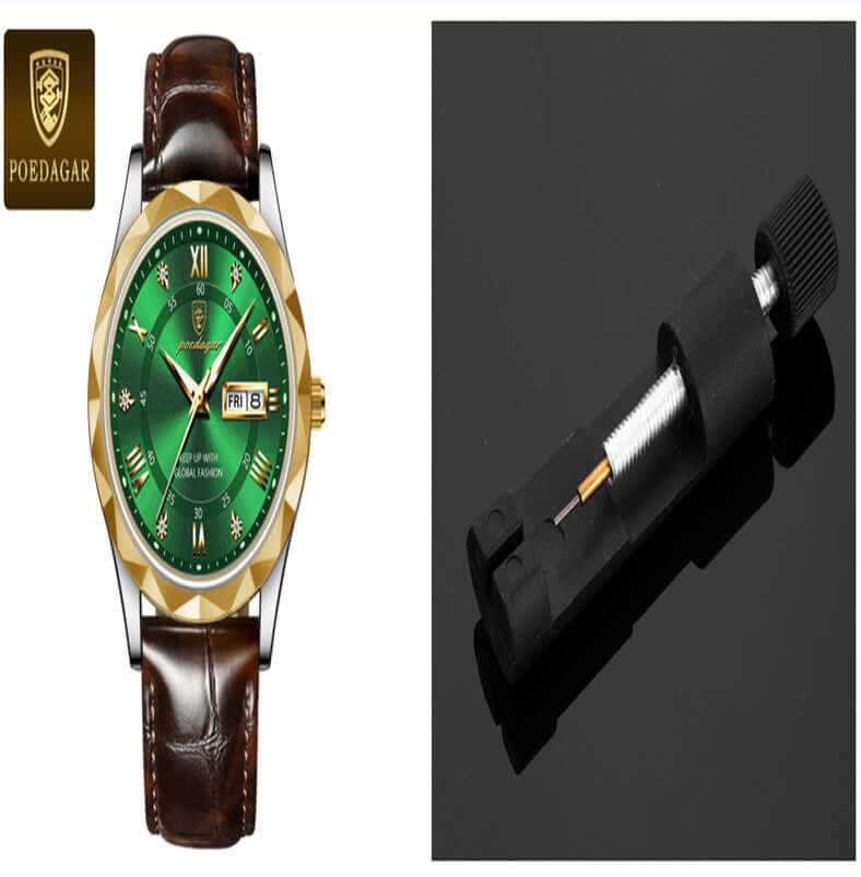 Luxury green dial men's quartz watch with brown leather strap from POEDAGAR, featuring date display.