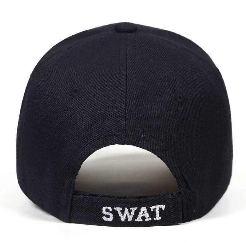 Back view of a black baseball cap with 'SWAT' embroidered on the strap, perfect for casual outdoor wear.