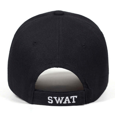 Back view of a black baseball cap with 'SWAT' embroidered on the strap, perfect for casual outdoor wear.
