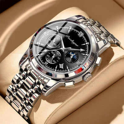 Multifunctional Men's Quartz Watch with black surface and silver steel band by BONEHEAD PRO-CREATIONS.
