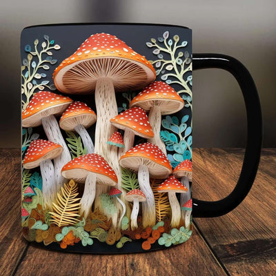 High-end ceramic mug featuring colorful magic mushrooms and lush foliage design, 300ml capacity.