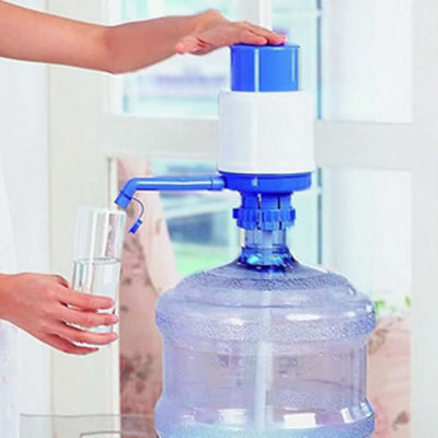 Water hand pump for bottled drinking water, blue and white design, easy squeeze operation for refreshing hydration.