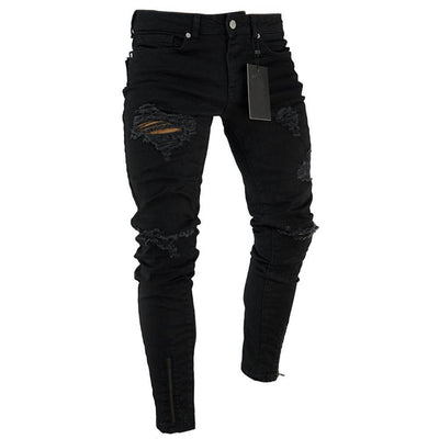 Men's black pencil pants with ripped detailing and low waist, designed for casual leisure wear.
