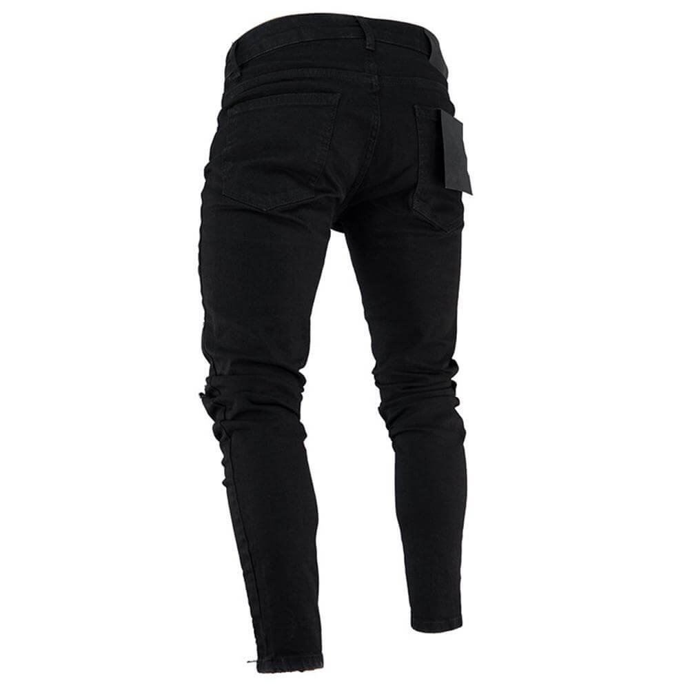 Men's black pencil pants showcasing a stylish, high-elasticity design and low waist for casual wear.