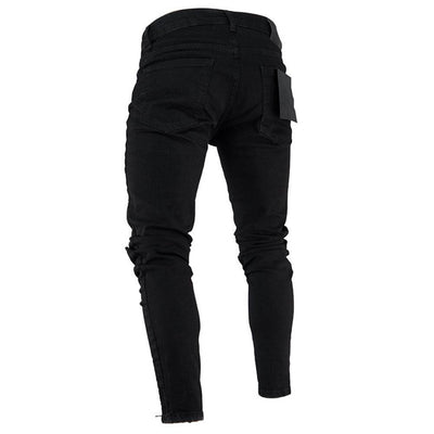 Men's black pencil pants showcasing a stylish, high-elasticity design and low waist for casual wear.