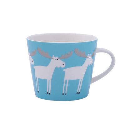 Cute ceramic coffee mug featuring moose design on a blue background, perfect for cozy beverages.