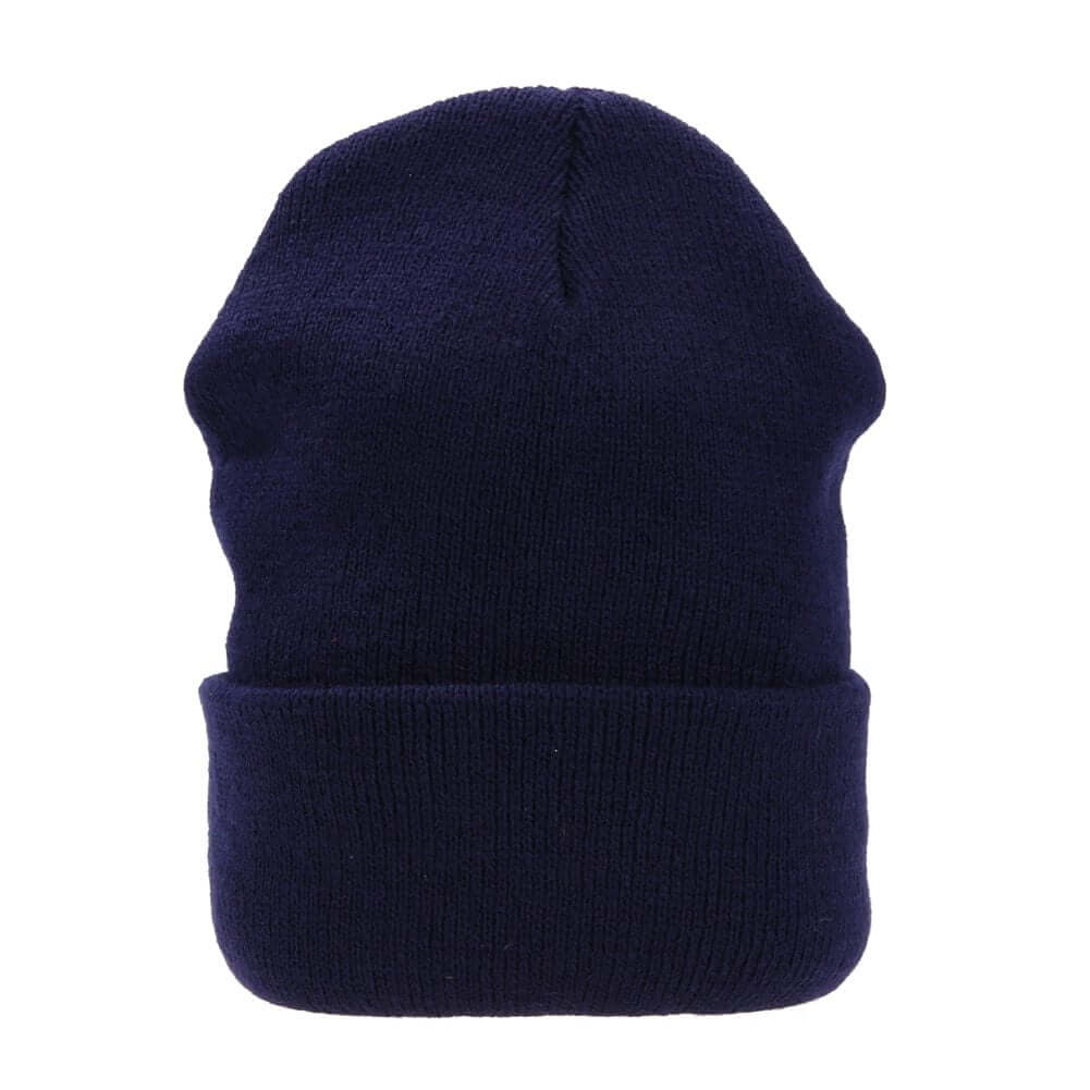 Navy knitted beanie hat, stretchy and soft, perfect for winter warmth, suitable for men and women, BONEHEAD PRO-CREATIONS.