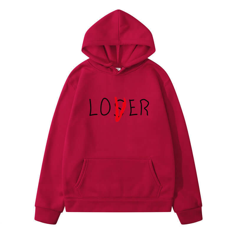 Red hoodie with 'LOVER' print, perfect for casual winter wear for men and women.