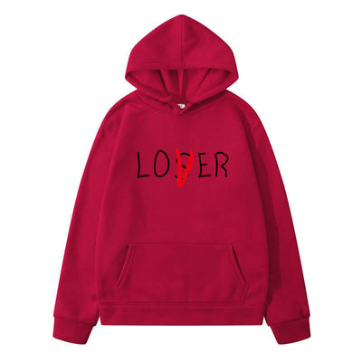 Red hoodie with 'LOVER' print, perfect for casual winter wear for men and women.