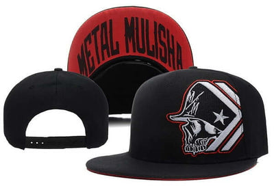 Adjustable baseball cap for men and women, featuring a skull design and 'Metal Mulisha' logo, made of cotton.