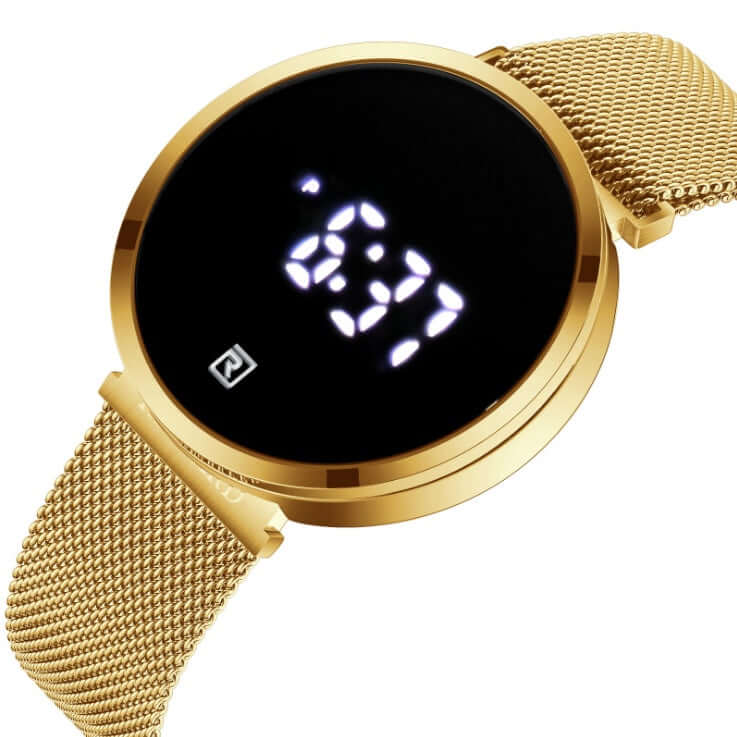 Digital men's watch by BONEHEAD PRO-CREATIONS with luminous display, gold mesh strap, and sleek design.