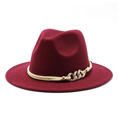 BONEHEAD PRO-CREATIONS women's vintage fedora hat in burgundy with gold chain detailing, made from woolen material.