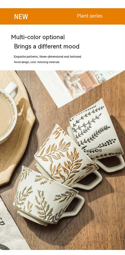 Hand-painted Nordic ceramic mugs in assorted colors with botanical patterns, showcasing modern minimalist design.