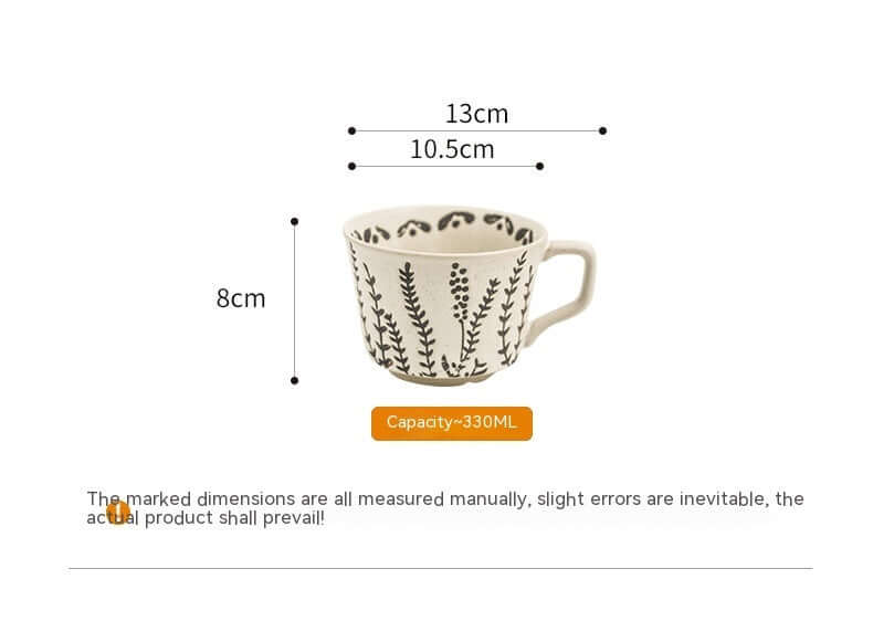 Hand-painted minimalist Nordic ceramic mug with floral design, 330ml capacity, 13cm diameter, 8cm height.
