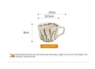 Hand-painted minimalist Nordic ceramic mug with floral design, 330ml capacity, 13cm diameter, 8cm height.