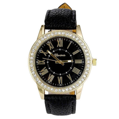 Women's Geneva wrist watch with rhinestones, quartz movement, and leather band - BONEHEAD PRO-CREATIONS.