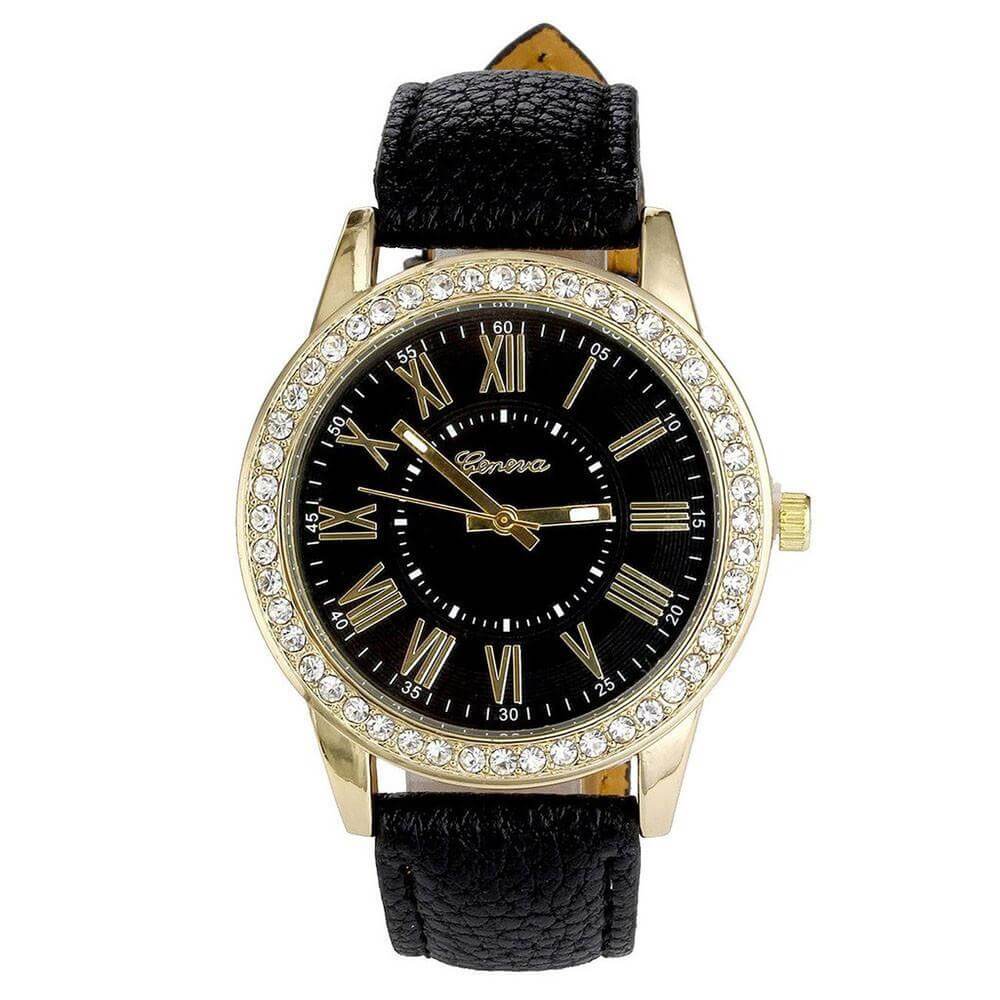 Women's Leather Band Geneva Quartz Watch with Roman Numerals and Rhinestones by BONEHEAD PRO-CREATIONS.