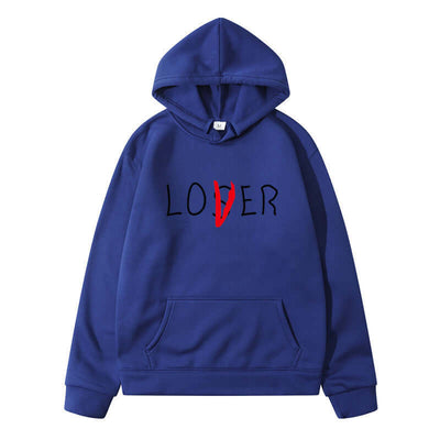 Blue hoodie with 'LOVER' printed in red, perfect for couples in winter leisure fashion.