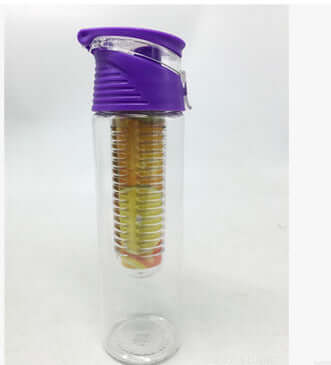 Transparent water bottle with purple lid and tea steeper for lemon-infused drinks during outdoor sports.