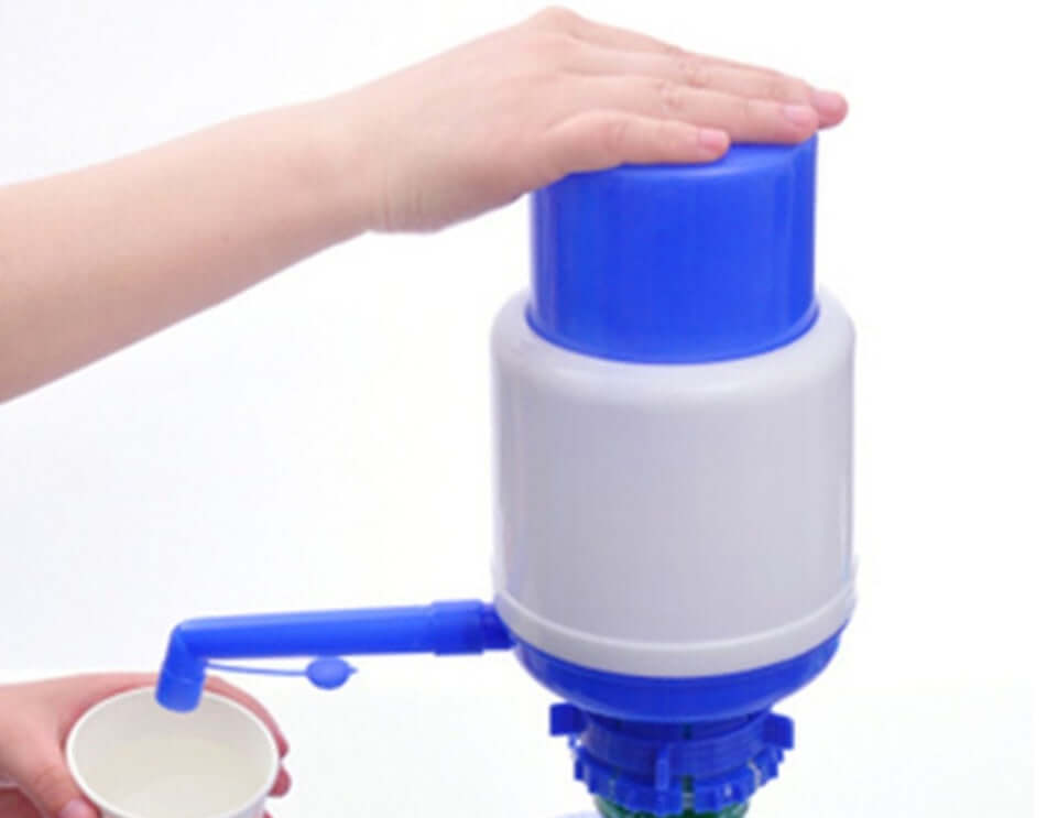 Water hand pump for bottled drinking water with blue and white design, ideal for squeezing to dispense water.