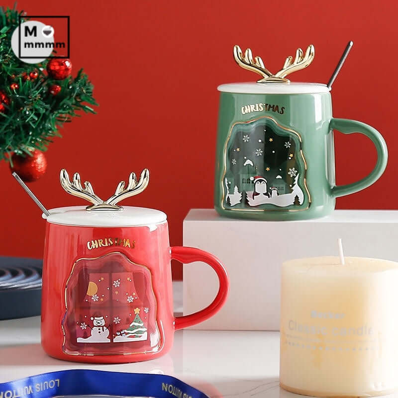 Set of festive Christmas mugs in red and green with antlers, perfect for holiday coffee drinks and gifts.