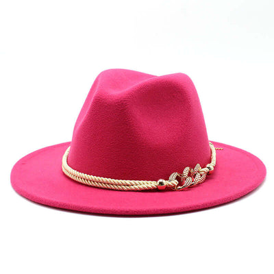 Women's pink fedora hat with gold chain, part of BONEHEAD PRO-CREATIONS British vintage accessories.