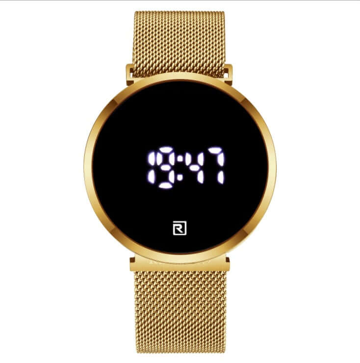 Luxury gold digital men's watch with mesh strap, luminous display, and modern design from BONEHEAD PRO-CREATIONS.