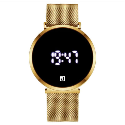 Luxury gold digital men's watch with mesh strap, luminous display, and modern design from BONEHEAD PRO-CREATIONS.