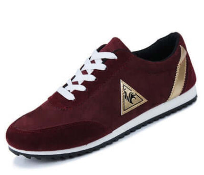 Men's casual burgundy suede shoes with white laces and gold accents, breathable, lightweight, and non-slip.