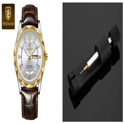 Luxury men's quartz wristwatch with brown leather band and gold accents, featuring a white face and date display.