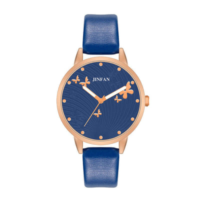 Casual Student Sweet Butterfly Wrist Watch with blue imitation leather strap and stylish gold accents by BONEHEAD PRO-CREATIONS.