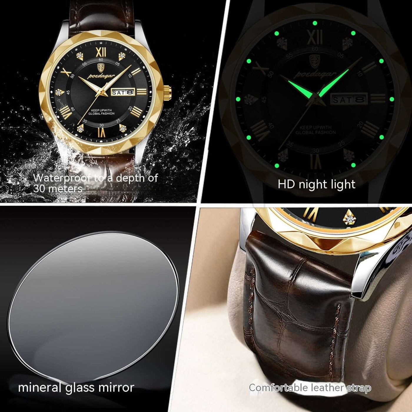 Luxury men's quartz wrist watch with leather strap, HD night light, and waterproof feature, by BONEHEAD PRO-CREATIONS.