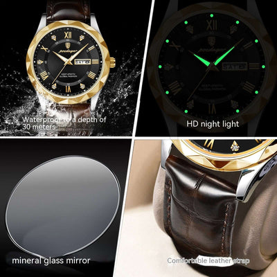 Luxury men's quartz wrist watch with leather strap, HD night light, and waterproof feature, by BONEHEAD PRO-CREATIONS.