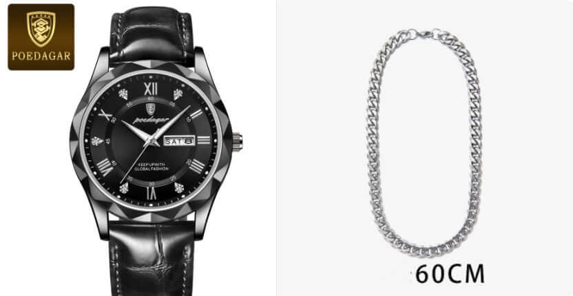 Luxury quartz watch by POEDAGAR with black leather strap and silver accents.