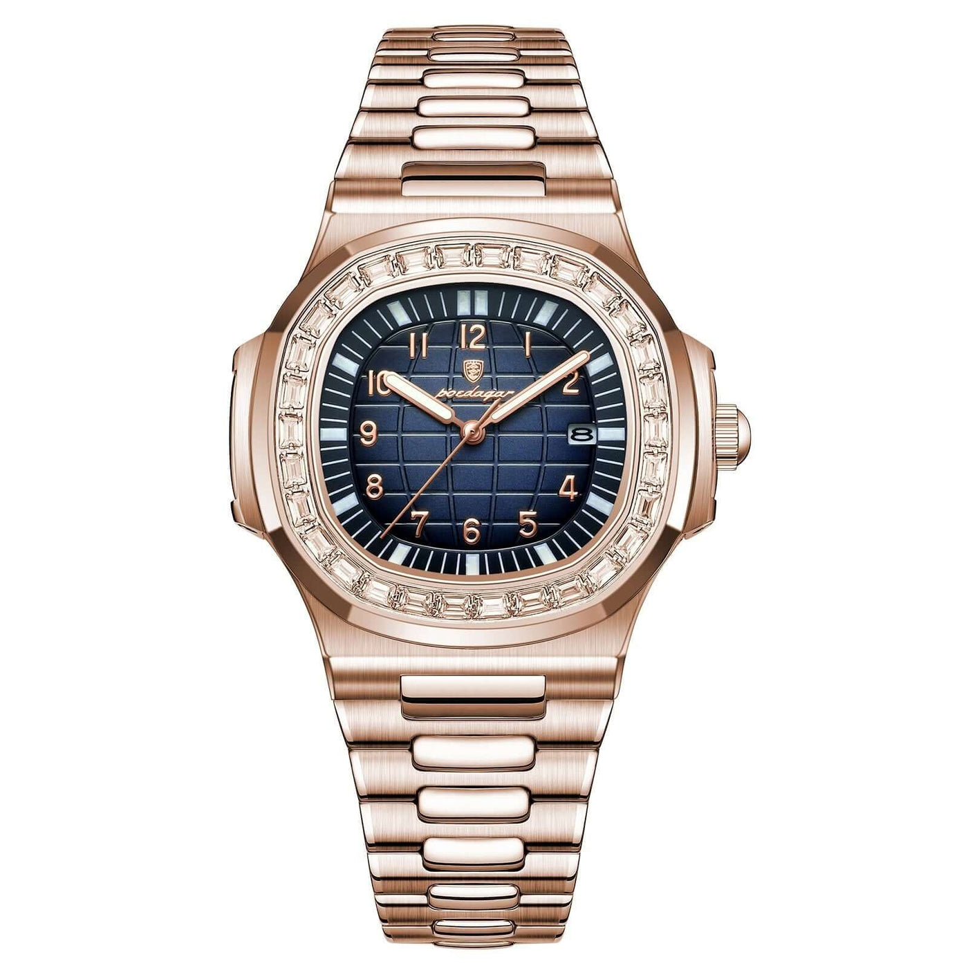 Men's luxury rose gold wrist watch with blue dial and diamond accents by BONEHEAD PRO-CREATIONS, stylish and waterproof.