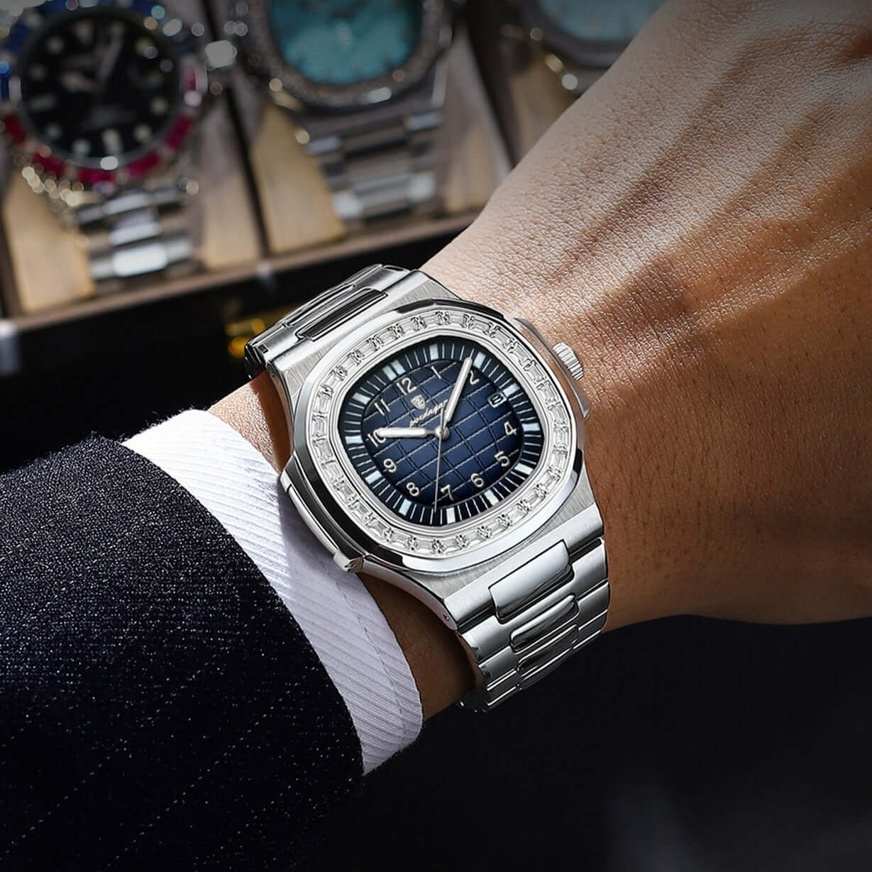 Men's luxury waterproof quartz wristwatch by BONEHEAD PRO-CREATIONS with blue dial and stainless steel strap.