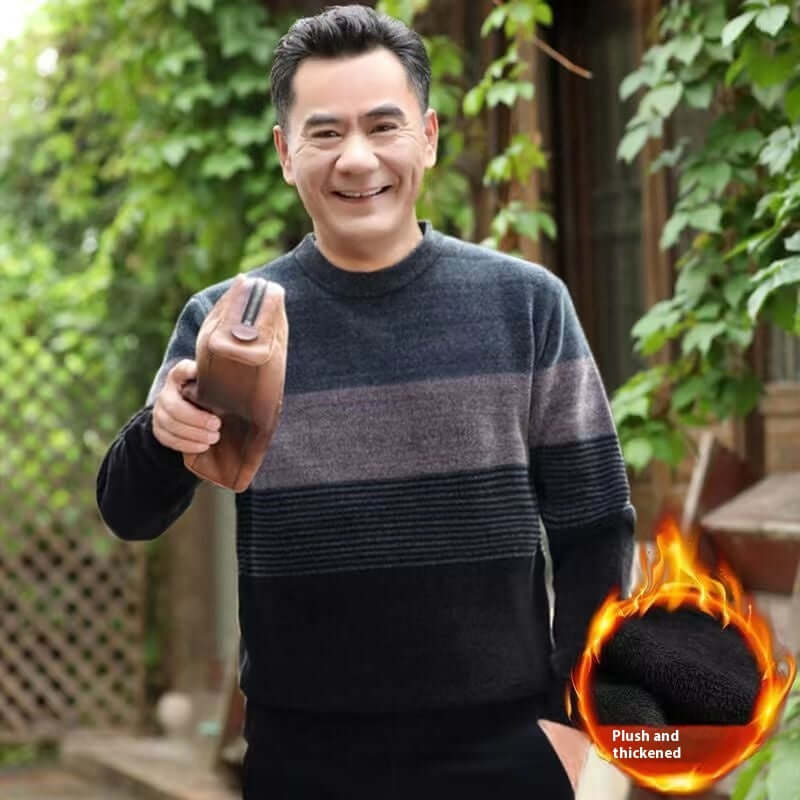 Middle-aged man wearing a winter fleece-lined pullover sweater, showcasing a casual style suitable for leisure activities.