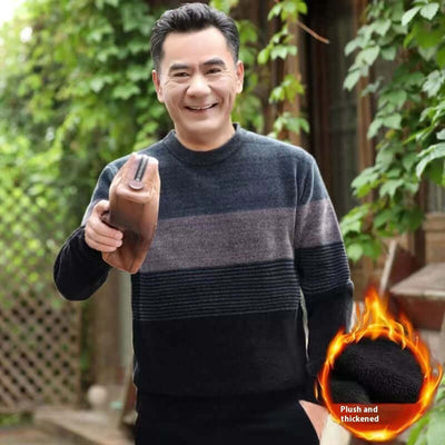 Middle-aged man wearing a winter fleece-lined pullover sweater, showcasing a casual style suitable for leisure activities.