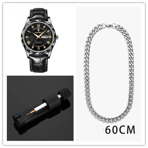 Luxury men's quartz wrist watch with leather band, silver chain necklace, and watch repair tool. BONEHEAD PRO-CREATIONS.