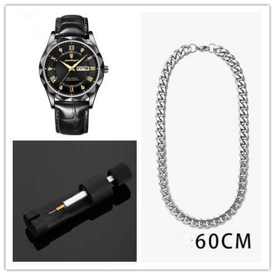 Luxury men's quartz wrist watch with leather band, silver chain necklace, and watch repair tool. BONEHEAD PRO-CREATIONS.