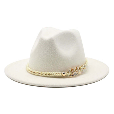 Women's vintage fedora hat in white with gold rope detailing by BONEHEAD PRO-CREATIONS, perfect for stylish outfits.