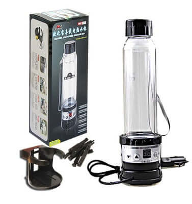 Heating car water heater with power base, cup holder, and accessories in packaging, heat-resistant glass thermos.