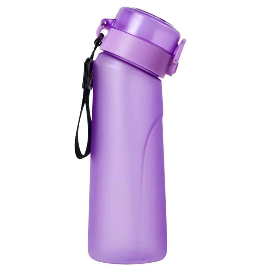 Purple frosted plastic water bottle with a cap and strap, creative design, 650ml capacity, 8x8x26CM size.