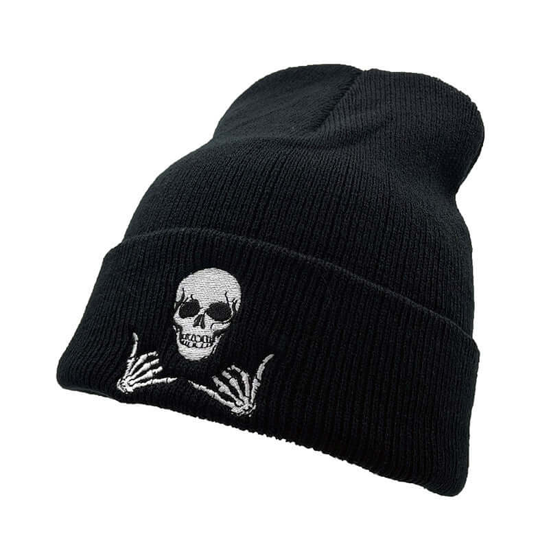 Warm knitted black hat with a skull and skeleton graphic, perfect for cold weather by BONEHEAD PRO-CREATIONS.