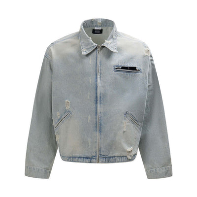 Light blue punk worn out denim jacket for men, featuring a loose fit and regular sleeves, ideal for spring and autumn wear.