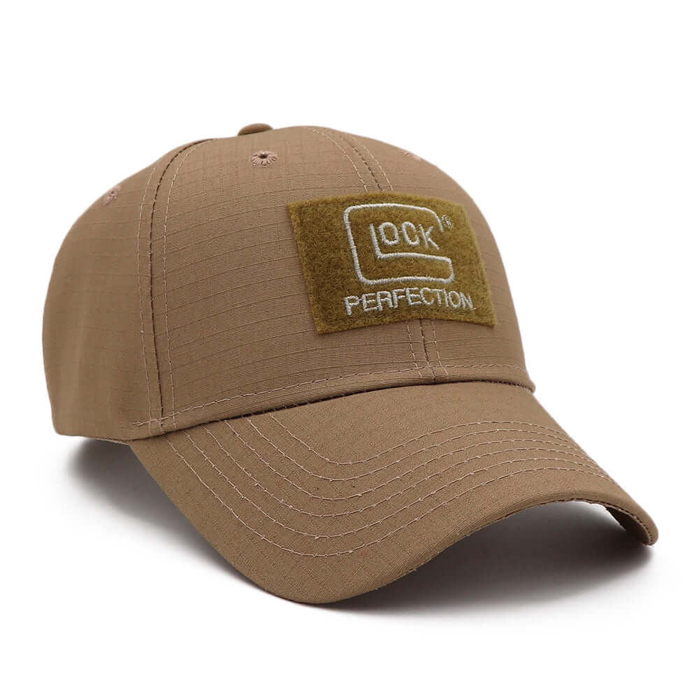 Khaki baseball cap with adjustable snapback and GLOCK patch, suitable for casual wear in all seasons.